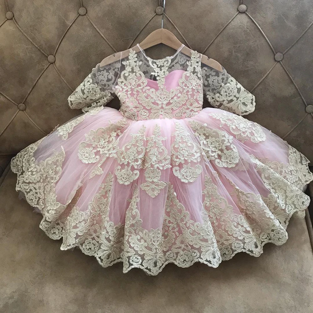 

Mvozein Flower Girl Dress Lace Sleeves Princess Dress Cute Baby Girl Dress Bow Girl Party Dress Kid Birthday Dresses