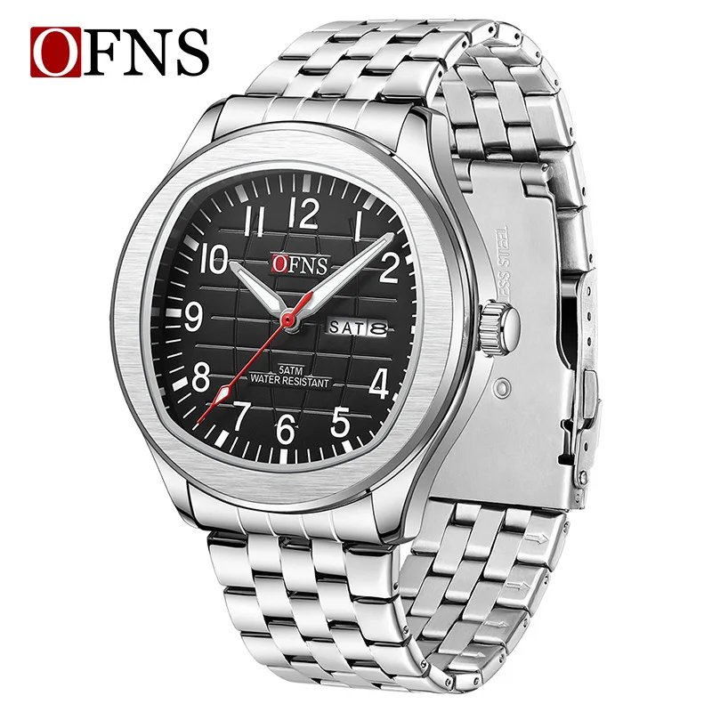 OFNS8018 Men's Business Leisure Watch Mineral Tempered Glass Scratch resistant 50m Waterproof Double Calendar Quartz Movement
