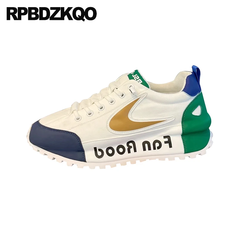 Patchwork Sport Round Toe Letter Men Shoes Thick Sole Trainers Athletic Multi Colored Stylish Cloth Sneakers Lace Up Flatforms