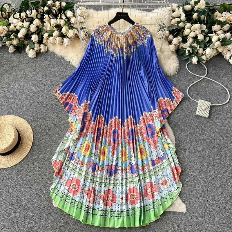 Gagaok Dresses European Retro Bat Sleeve Printed Dress Women Summer Loose Fitting and Slim Casual Elegant Vestidos