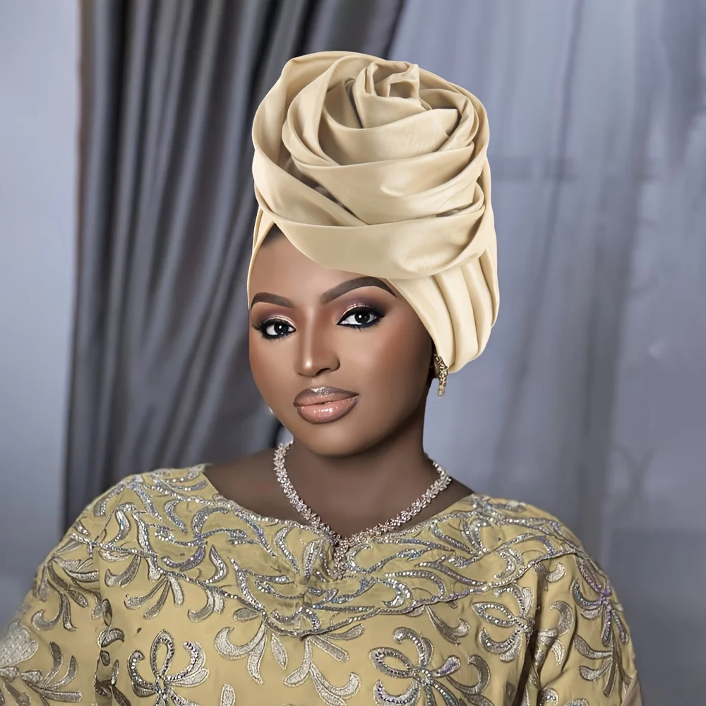 New Style, Elegant, Beautiful Rose-Shaped Elastic Headscarf Hat, Turban Hat, Floral Hat, with Handcrafted Pleated Roses That Create a Full and Three-Dimensional Appearance, Integrated Shaping Design, Suitable for Weddi