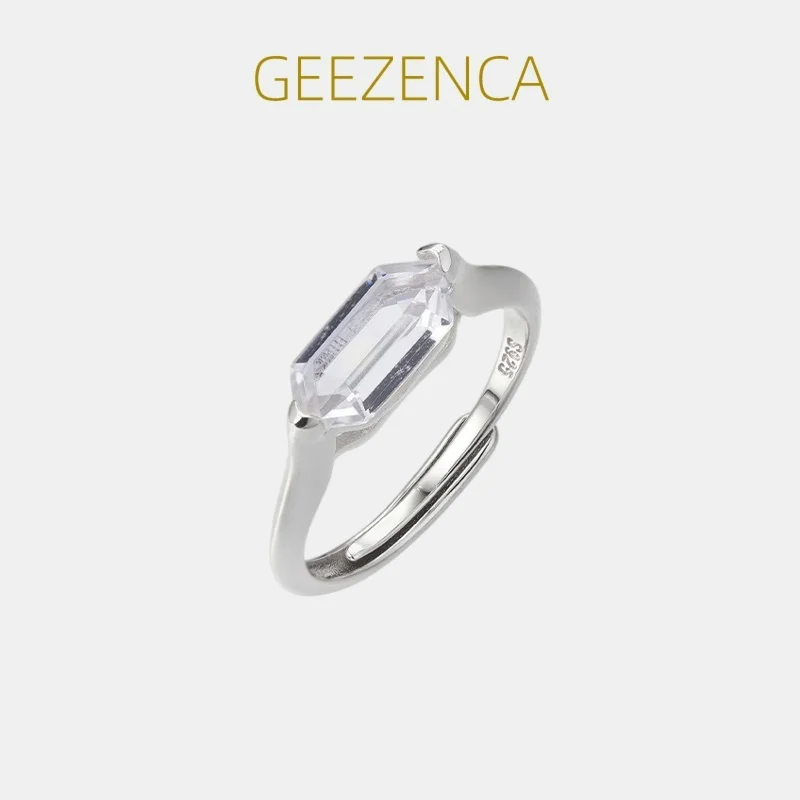 GEEZENCA White Crystal 925 Silver Open Ring For Women Saddle Shaped Minimalism Chic Mix Match Layering Small Rings 2024 New Gift