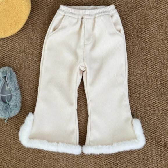 

Брюки для девочек, осень-зима 2024, новая детская одежда, однотонные бархатные расклешенные брюки в корейском стиле для девочек с меховыми краями