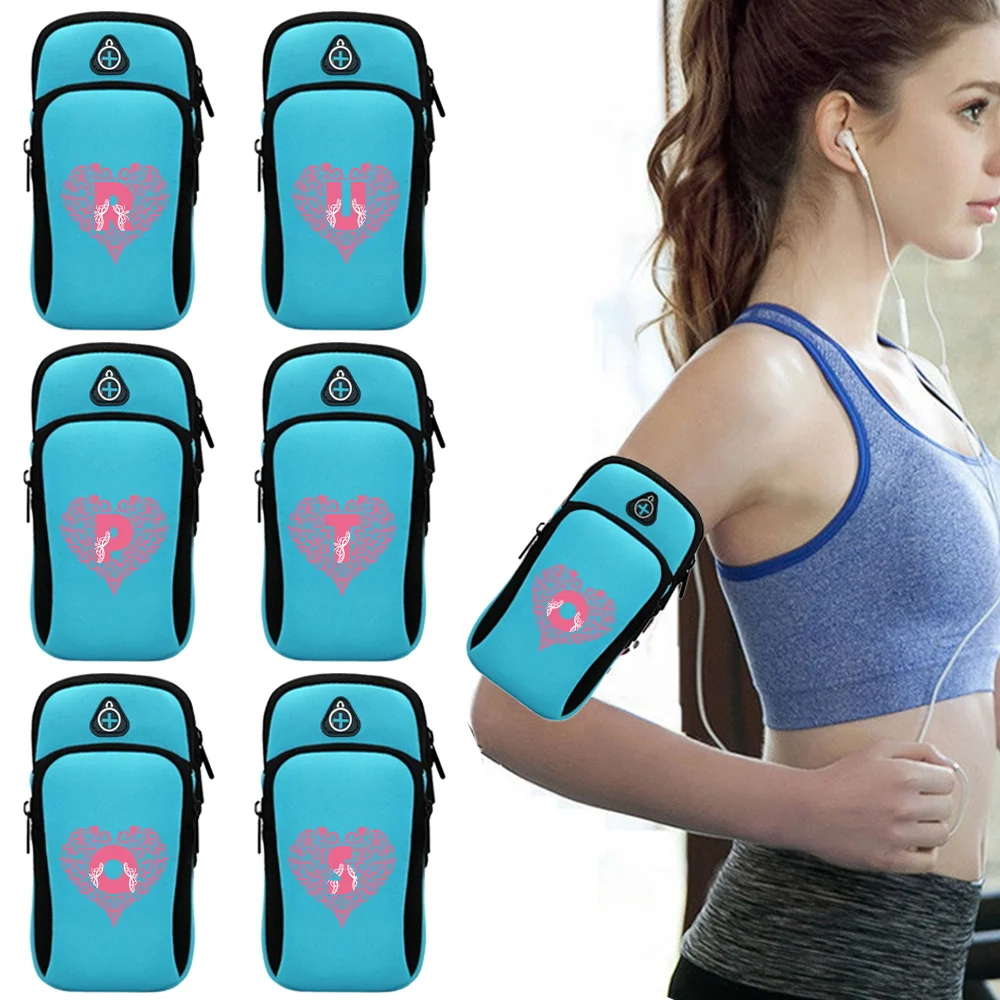 

Phone Arm Bag with Headphone Jack Waterproof Breathable Blue Sports Running Bag Gym Mobile Phone Holder Love Letter Priting