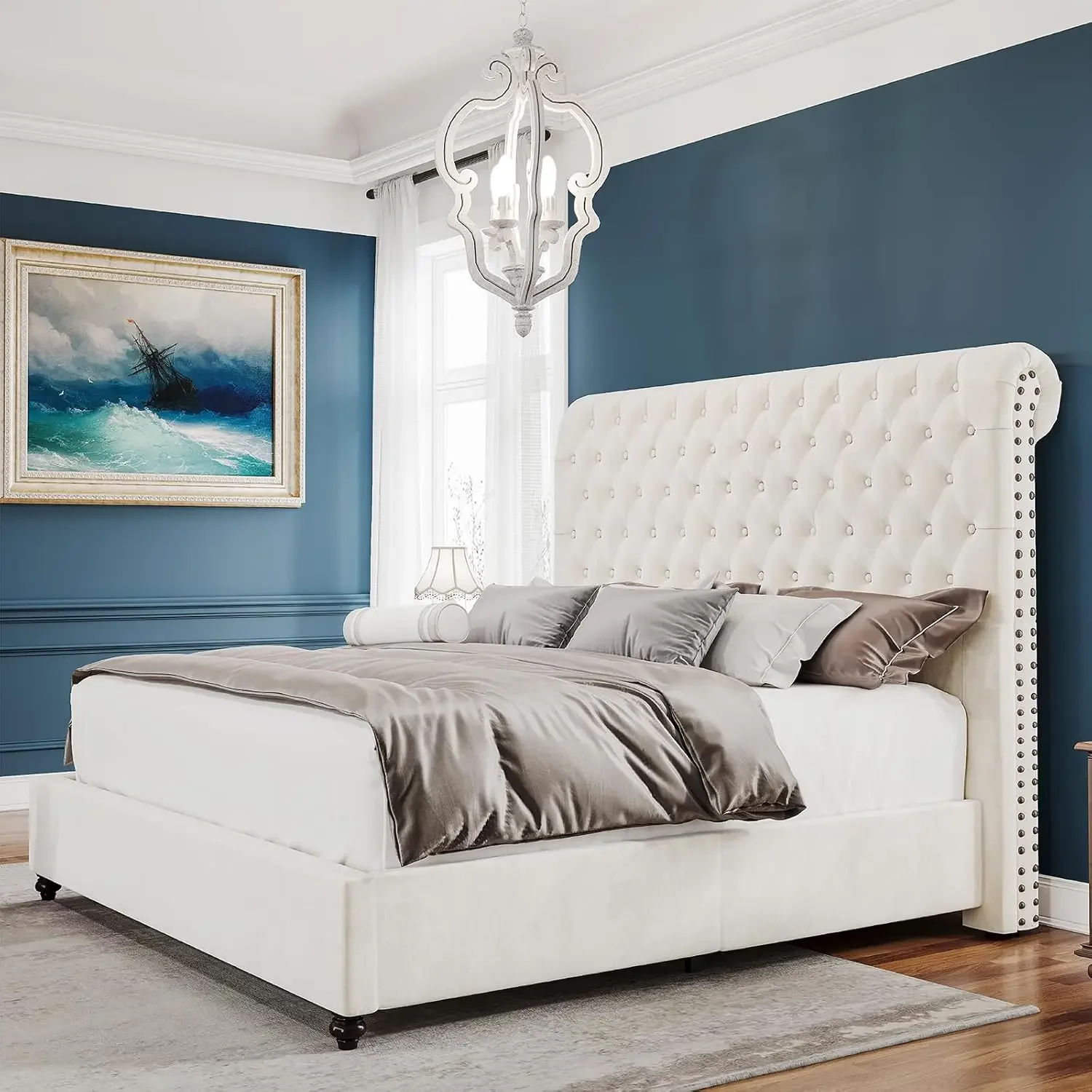 Upholstered Platform Bed with 52.8'' Tall Sleigh Headboard, Button Tufted, No Box Spring Needed