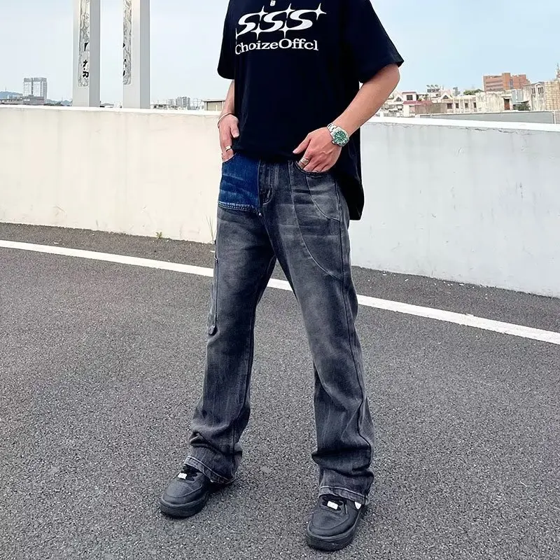 Celana Jeans Patchwork Hitam Biru Model Baru Berkualitas Tinggi, Model Micro Flared, Nyaman, Bahan Denim Stretch untuk Pria dan Wanita