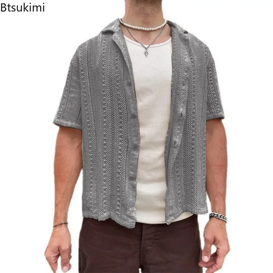 2025 Men\'s Hollow Out Knitted Shirts Summer Breathable Solid Vintage Knit Cardigan Men Casual Short Sleeve T-shirt Beach Tops