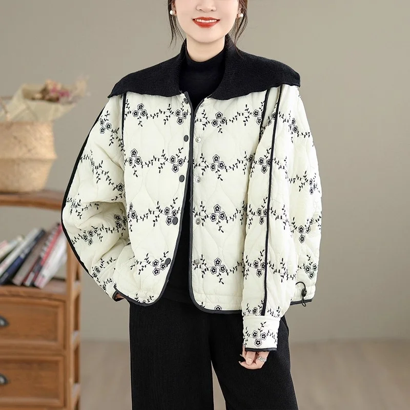 2025 الشتاء الرجعية الأزهار متماسكة التلبيب سترة قطن فضفاضة للنساء ملابس خارجية دافئة غير رسمية معطف قمة الموضة الأنيقة W1608 #3