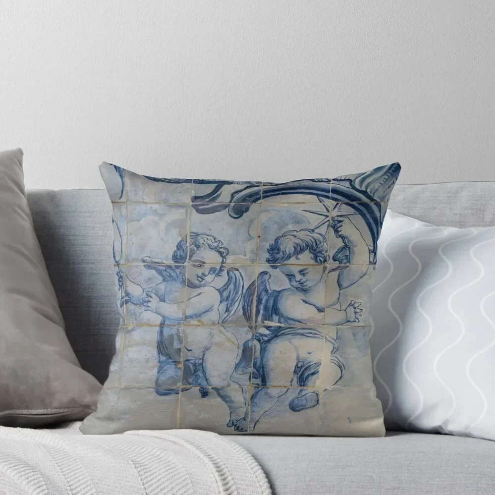 Antique Portuguese Azulejo - Two Cherub Guardian Angels Throw Pillow Decorative Sofa Cushions autumn decoration pillow