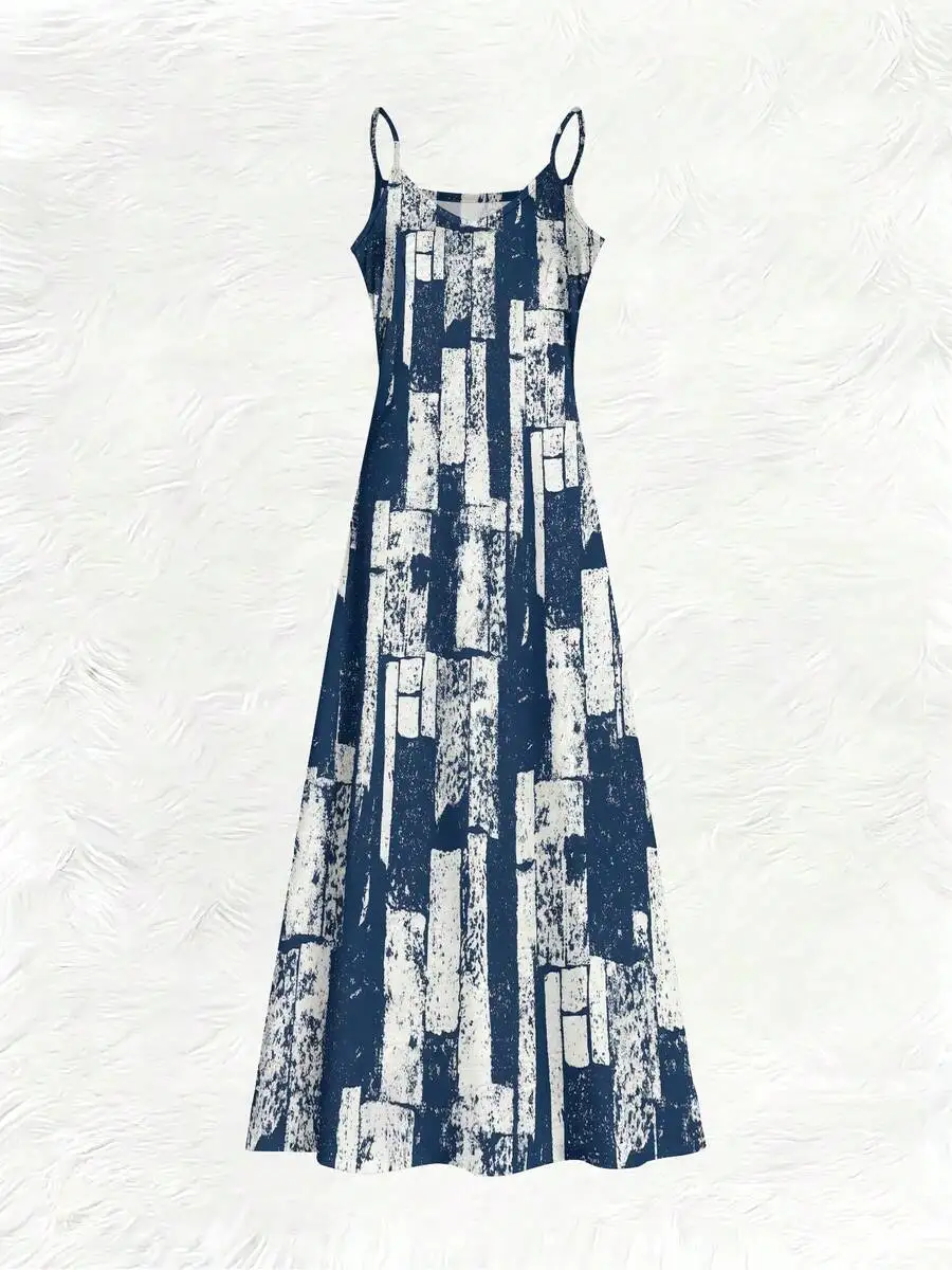 

Casual Boho Spaghetti Strap Maxi Dress Abstract Geometric Print Summer Beach Vacation Outfit