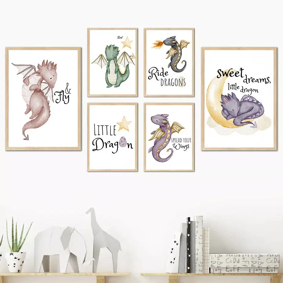 Amusing Cartoon Animals Dinosaur Loong Nursery Wall Art Canvas Painting Nordic Posters And Prints Wall Pictures Kids Room Decor