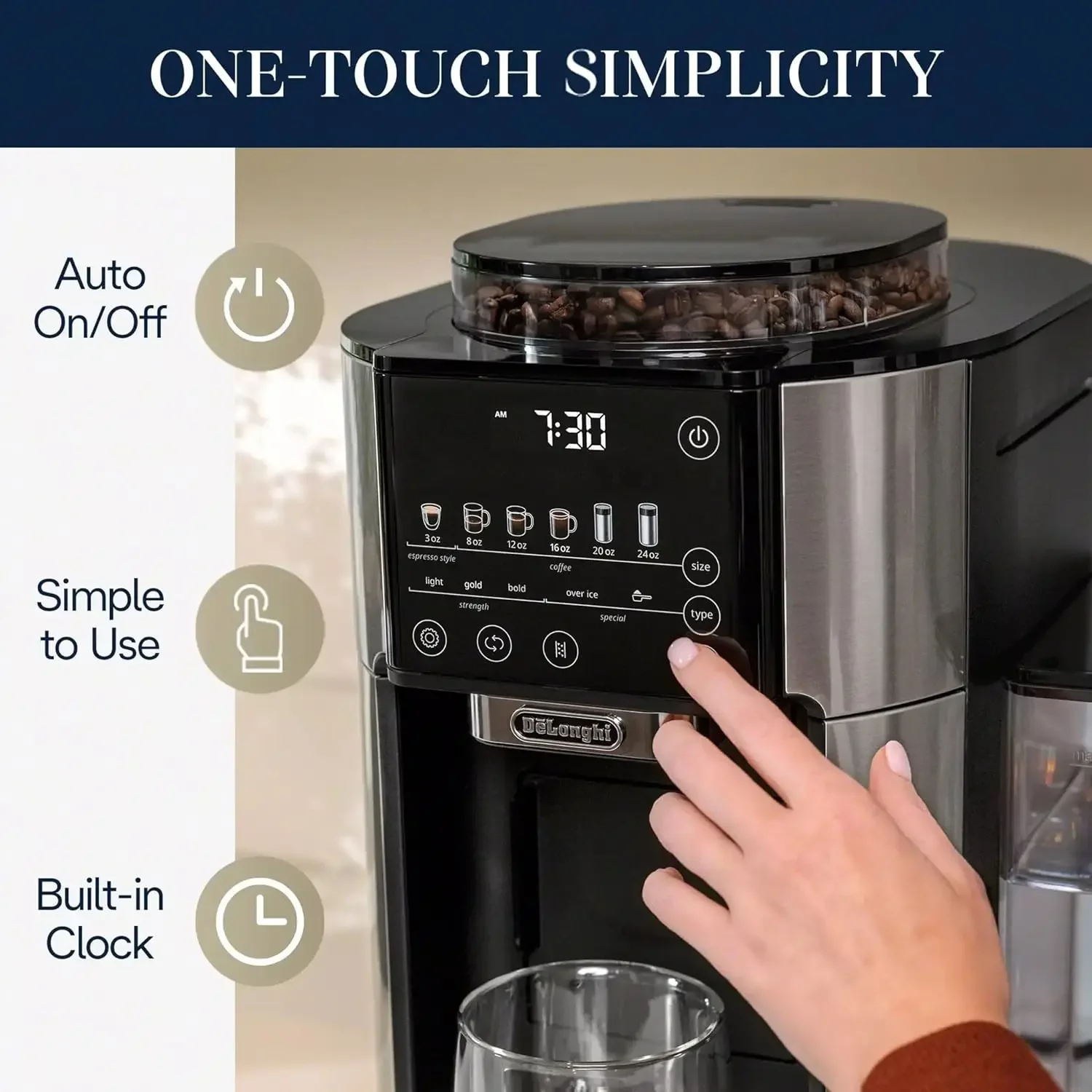 De'Longhi TrueBrew Drip Coffee Maker, Built in Grinder, Single Serve, 8 oz to 24 oz, Hot or Iced Coffee, Stainless