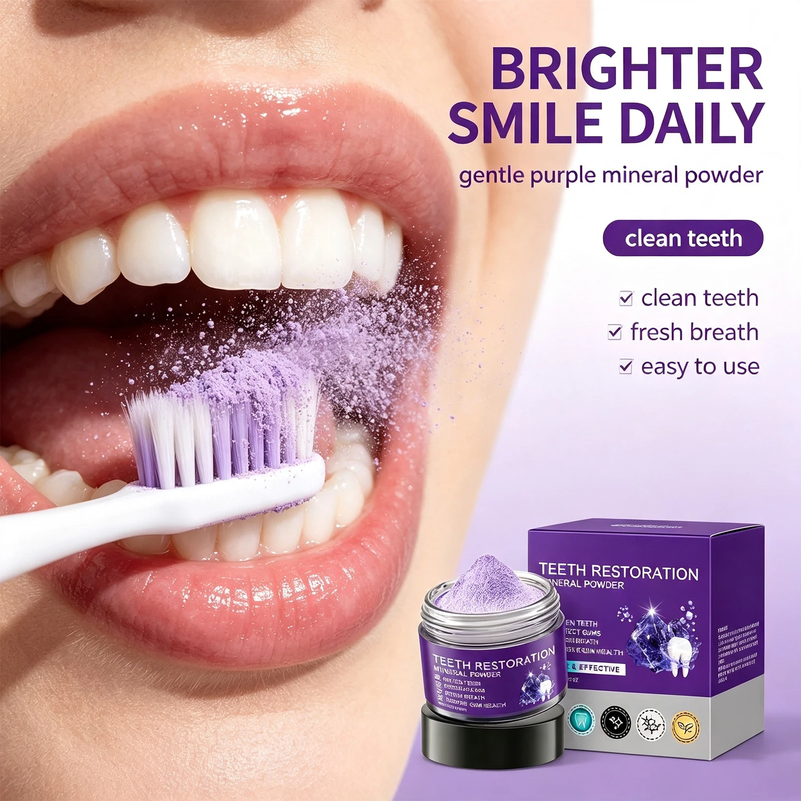 Purple Tooth Powder Gentle Stain Removal Fresh Breath Brightening Daily Oral Care Fine Powder