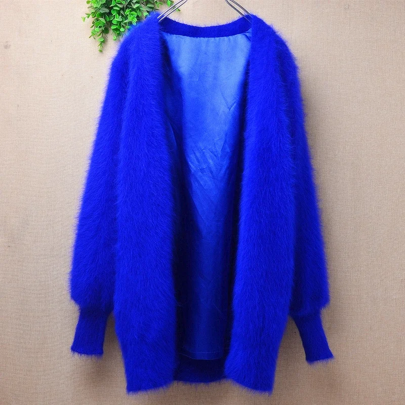 04 Ladies Women Fall Winter Colored Hairy Mink Cashmere Knitted Long Lantern Sleeves Slim Cardigans Mantle Angora Fur Sweater