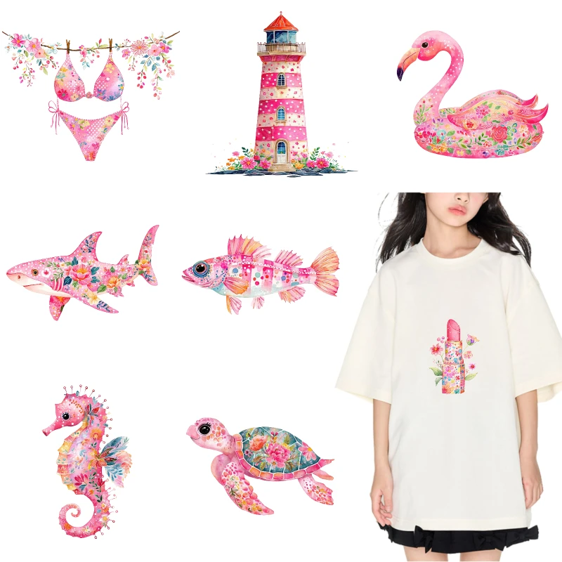 2PCS Floral Sea Creatures Lighthouse Flamingo Bikini iron on patches DTF Patches for clothes Iron-on transfers for clothing heat