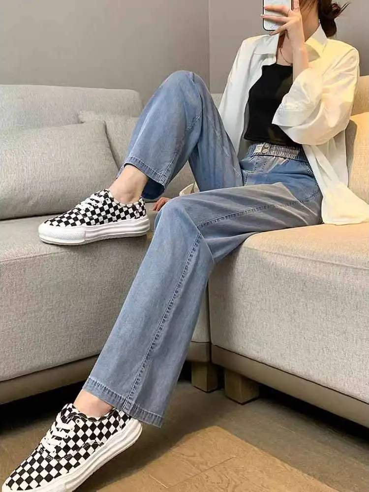 Damskie jeansy z wysokim stanem i szerokimi nogawkami, letnie, cienkie, z jedwabiu lodowego, luźny krój, długie spodnie, zwiewne spodnie z szerokimi nogawkami, wygodne, codzienne jeansy.