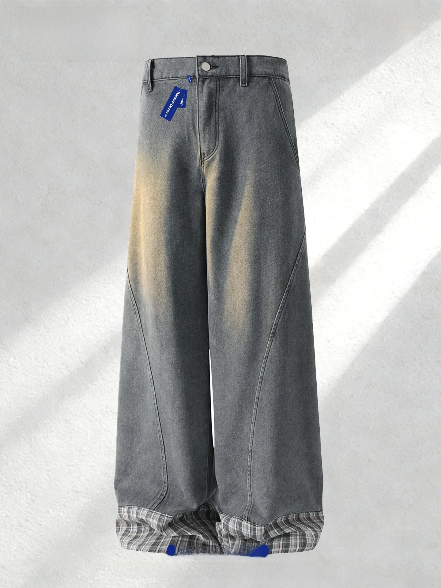 

WASSUP DOZEN American Retro Washed Denim Pants Men Loose Wide Leg Casual Long Trousers Trendy Brand Splicing Design CleanFit