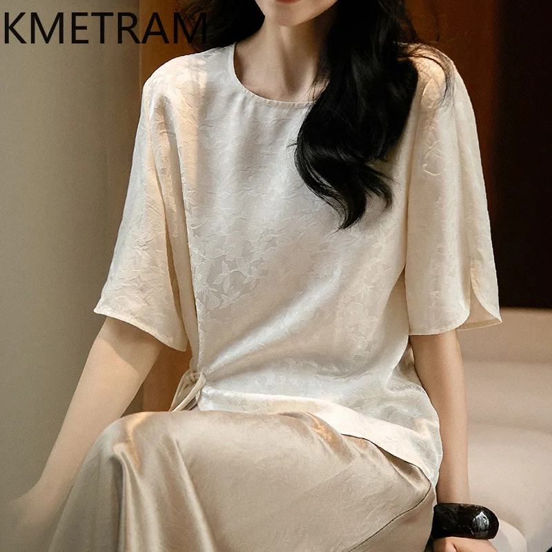KMETRAM 100% Real Mulberry Silk Women T Shirts Elegant Pearl White T Shirt Jacquard Summer Tops for Woman Clothing 2026 футболка