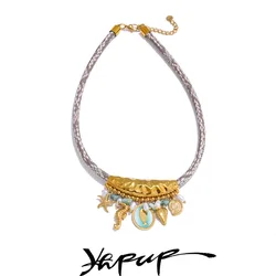 Yhpup Exclusive Design Handmade Jewelry Ocean Style Pearls Starfish Shell Fish Drop Necklace Exquisite Stainless Steel Jewelry