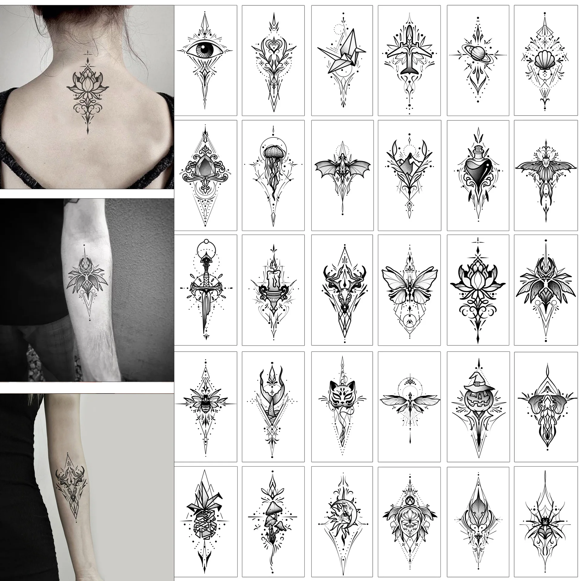 30pcs Waterproof Temporary Tattoo Stickers for Women Girls Ladies Jewelry Lace Eye Fake Tattoos for Neck Arm Tatouage Temporaire