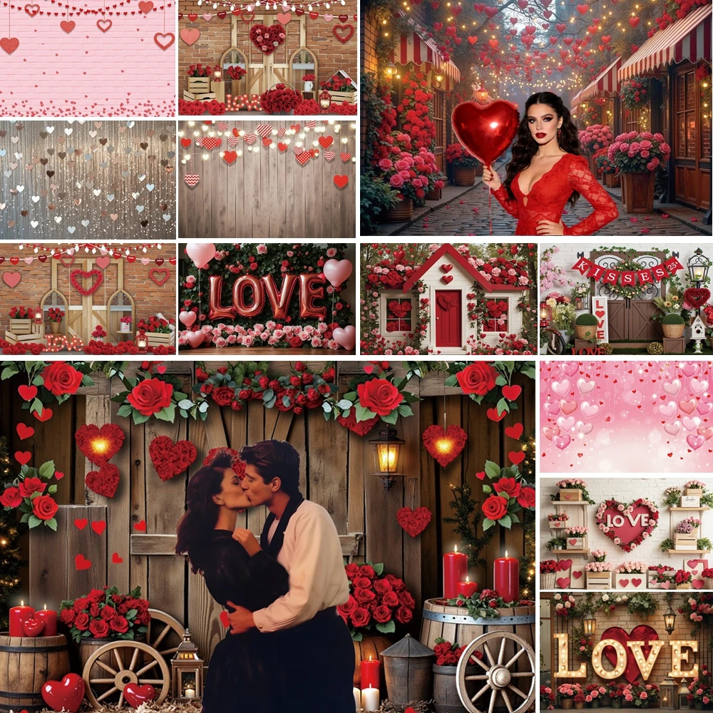 

MOON.QG Romantic Valentines Day Photographic Background Red Rose Heart Garlands Cozy Lighting Backdrop Lover Wedding Photozone