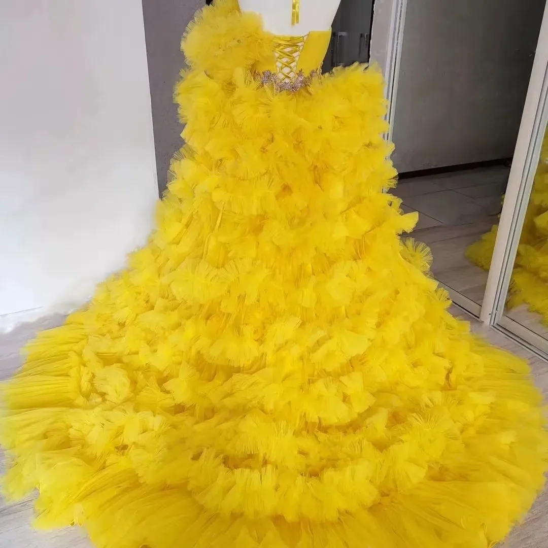 Elegante gouden kralenjurken uit de schouder pluizige tule formele feestjurk ruches dames applique gezwollen bruidsjurken