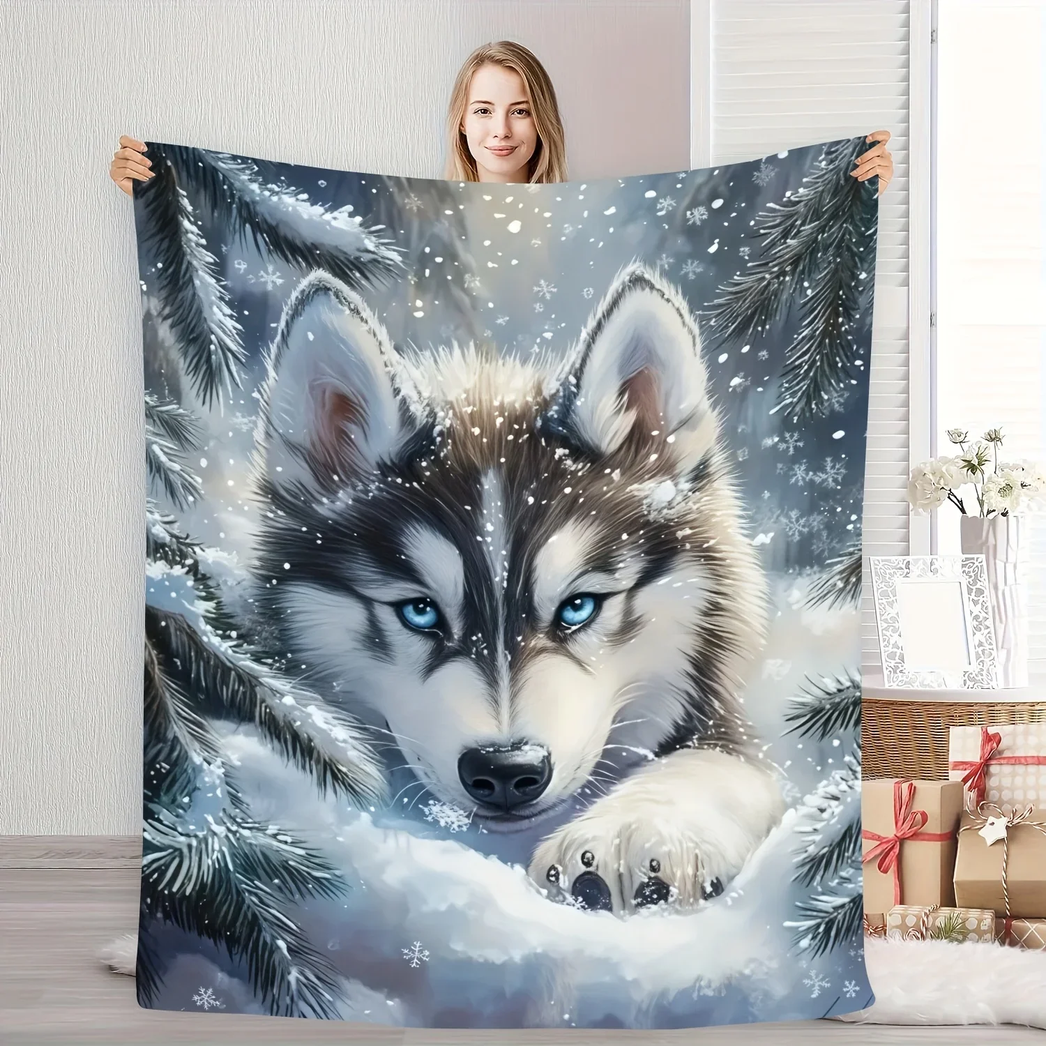 Realistic Husky Wolf Snow Forest Print Throw Blanket Cozy Fleece Winter Home Decor Couch Bed Gift