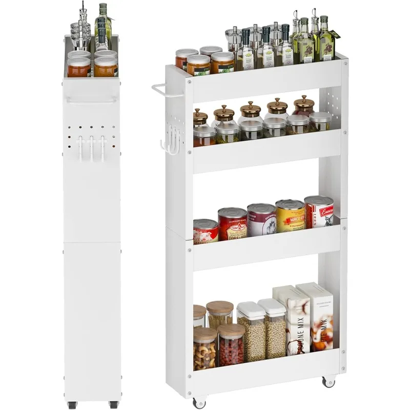 Slim Storage Cart, 4-Tier Narrow Rolling Kitchen Laundry Cart on Wheels, Utility Metal Narrow Bathroom Storage