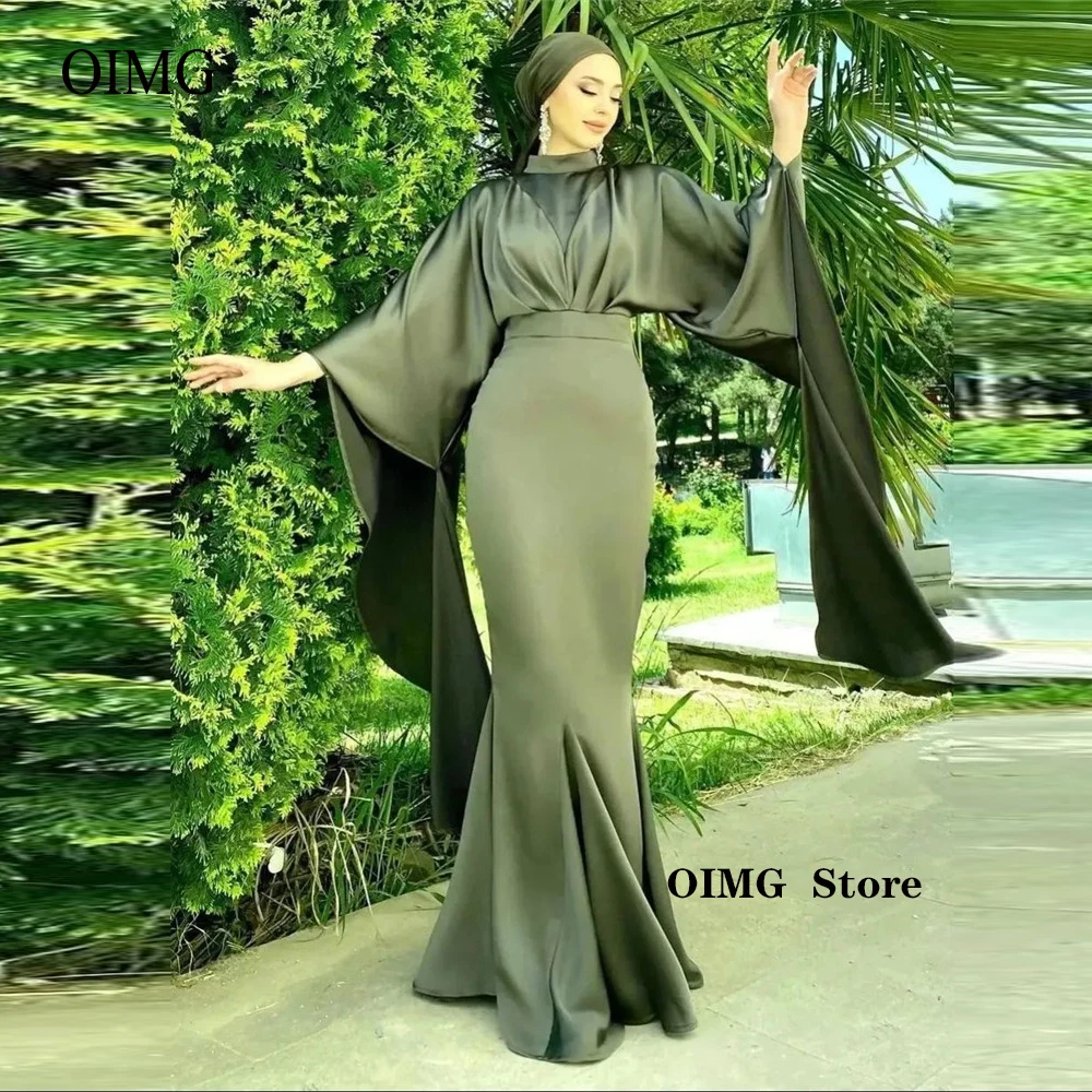 Modest Dubai Arabic Women Mermaid Evening Dresses Green Heavily Thick Satin Flare Long Sleeves High Neck Formal Prom Gowns