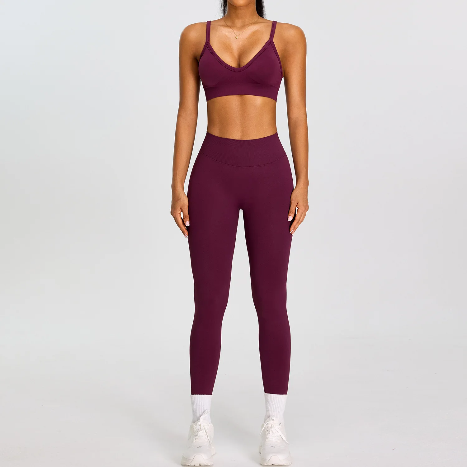 Women's Seamless Yoga Set 2 Piece Fitness Suit Running Workout Gym Push Up V Neck Padded Bra High Waist Butt Lifting Leggings