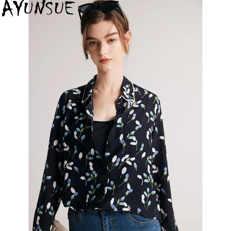 AYUNSUE بلوزة من حرير التوت الطبيعي عالية الجودة بأكمام طويلة للنساء بلوزات للمرأة أنيقة Blusas De Mujer