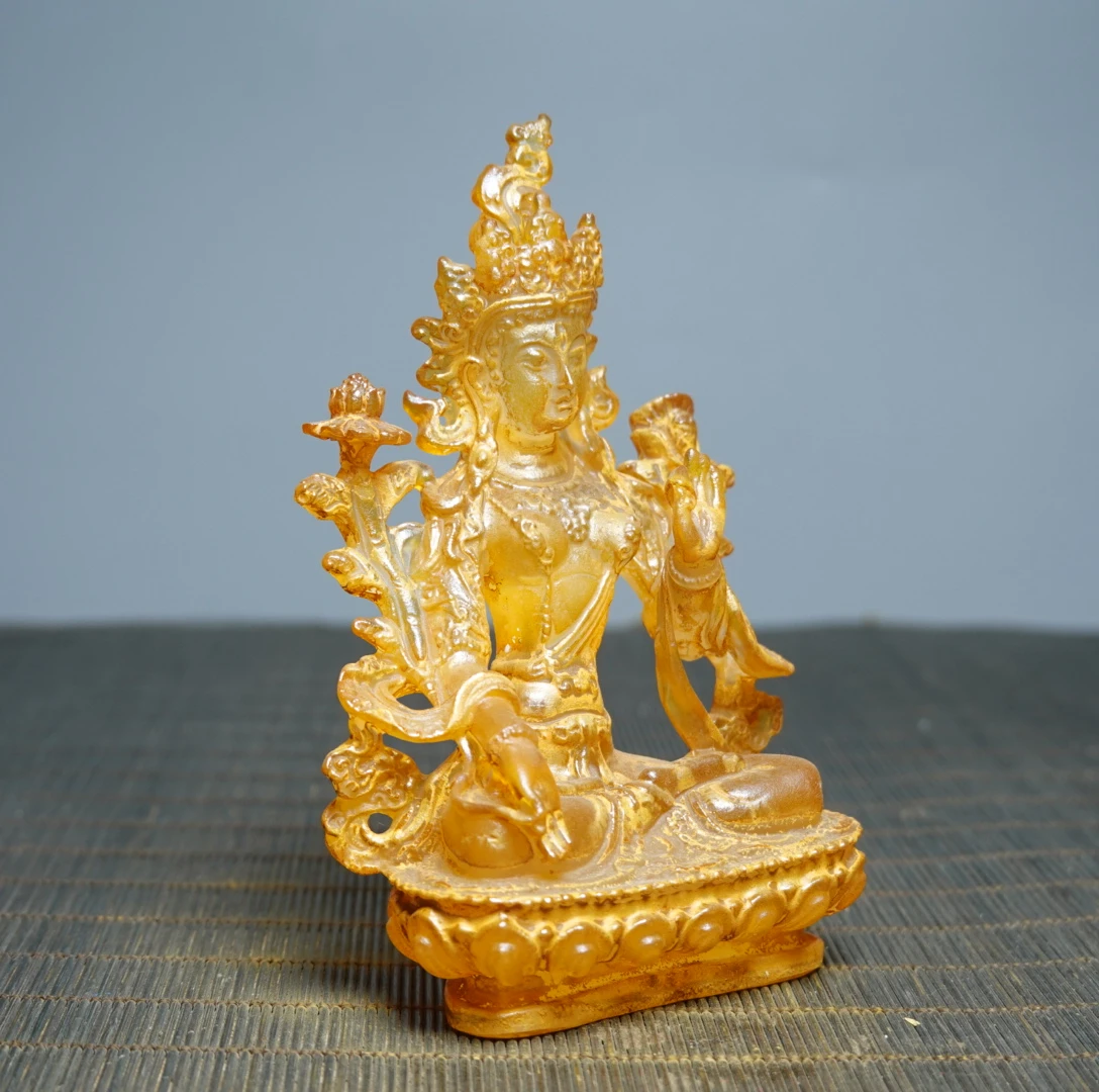 China Ancient Colored Glaze Golden Liuli Crystal Green Tara Buddha Statue Fengshui Home Decor Decoration Accessories Living Room view 6