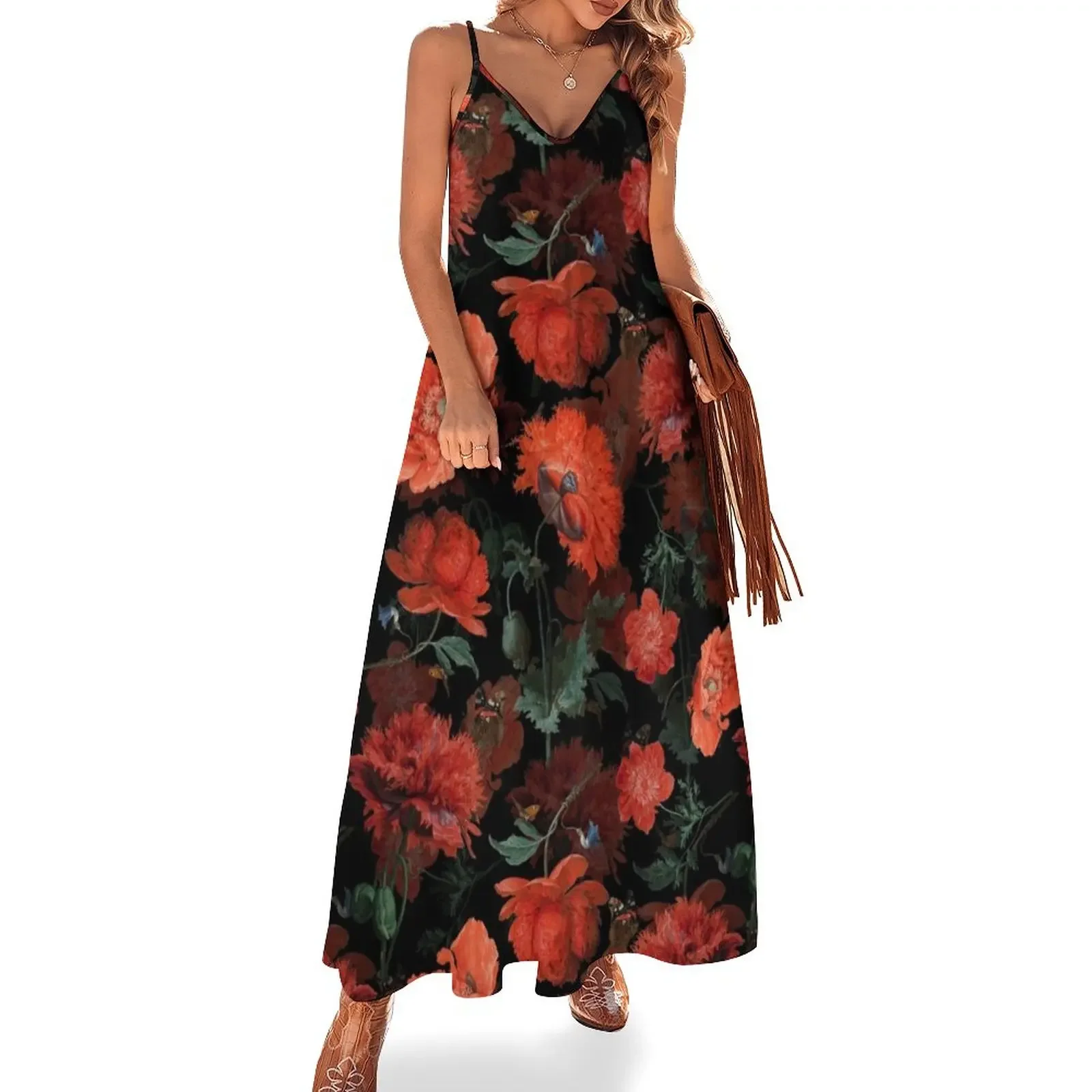 Red Jan Davidsz. de Heem Vintage Poppies Flowers Botanical Night Garden Sleeveless Dress Women long dress