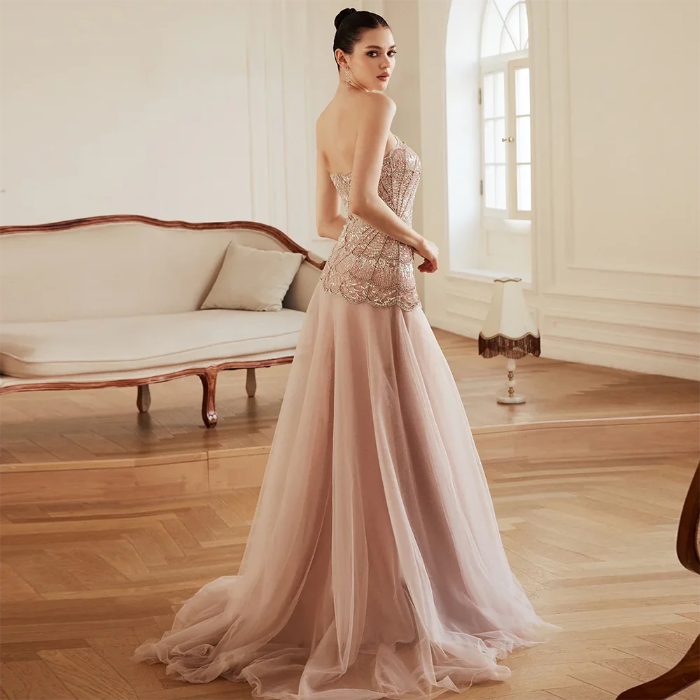 فساتين سهرة فاخرة بدون حمالات بدون أكمام أنيقة مطرزة بالخرز فساتين سهرة بطول الأرض مخصصة 2025 #4