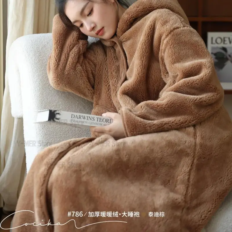 Winter Thicken Flannel Kimono Nightgown Long Loose Sleepwear Women Warm Home Clothes Hooded Nightdress Coral Fleece Loungewear