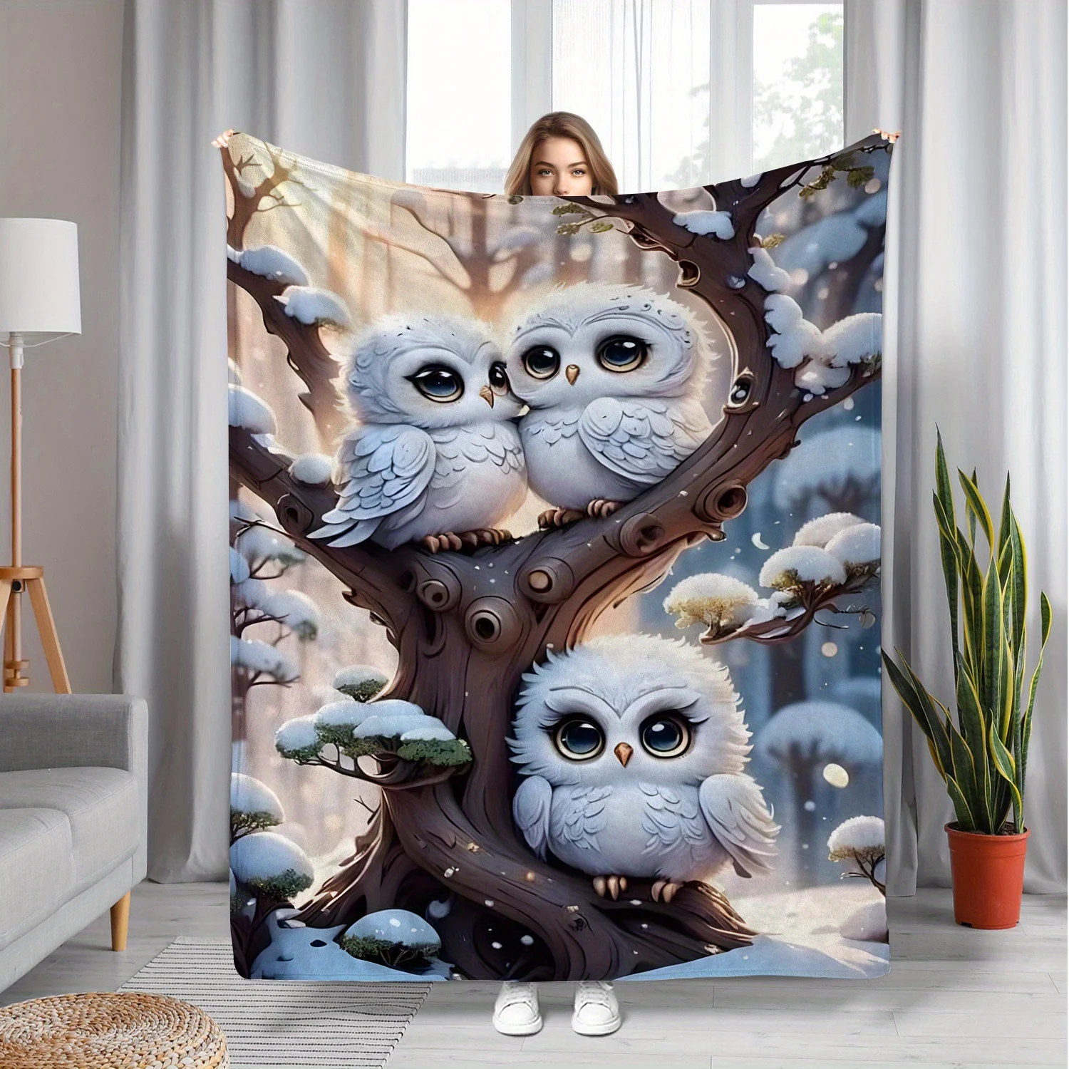 Owl Tree Branch Flannel Throw Blanket, Soft Knitted Polyester for Sofa Bed, Cute Animal Print All Season Decor,Cozy Camping Gift