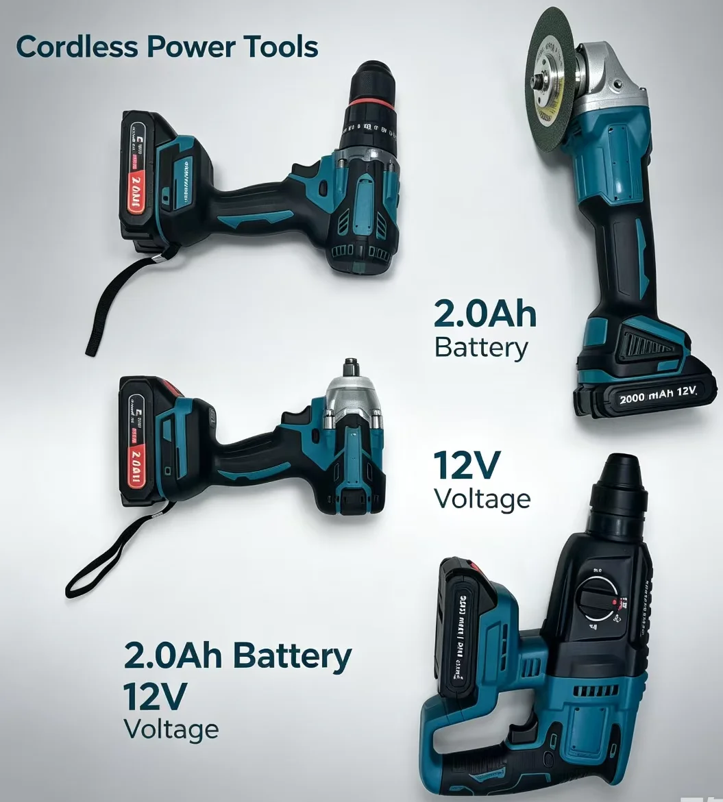 Cordless 4-pc Tool Kit, Electric Drill, Wrench, Angle Grinder, Hammer Drill, Household Tool Kit Case(exclude Battery)