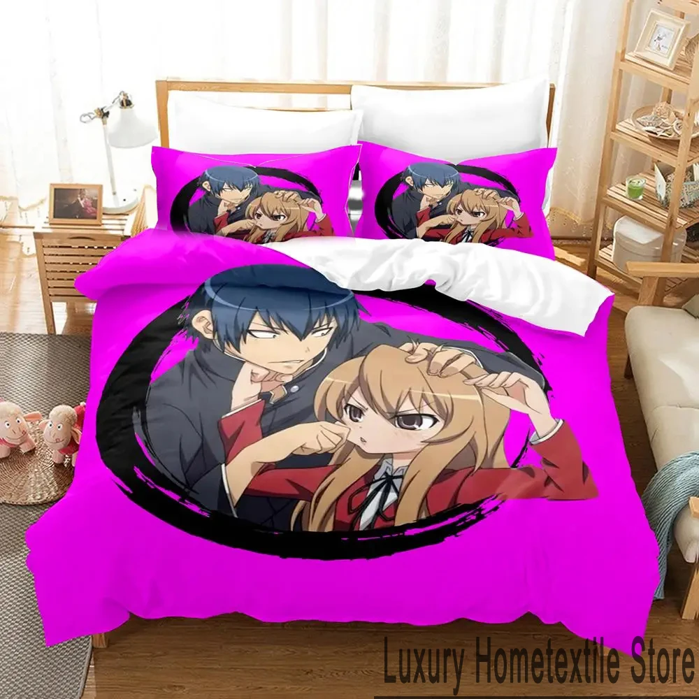 Juego de cama de Anime tiger× Dragon Toradora, funda de edredón, funda de almohada, edredón, tamaño king, Queen, ropa de cama para niños y adultos