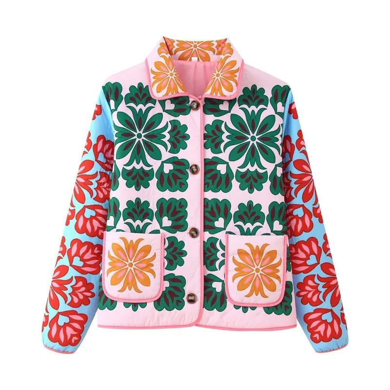 

Luxury Printed Quilted Cotton Jacket Women Padded Coat Pockets Autumn Casual Outerwear Single-breasted Trends Spring Coat Tops