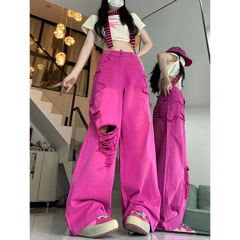 

Rose Red Women's Jeans High Waist Vintage Straight Baggy Denim Pants Streetwear Holes Design Fashion Wide Leg Denim Trouser