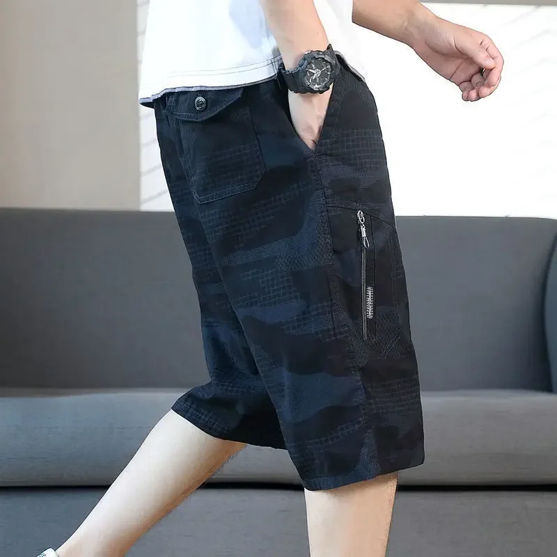 Summer Loose Fitting Camouflage Cropped Pants, Men's Thin Casual Beach Knee Length Cropped Shorts