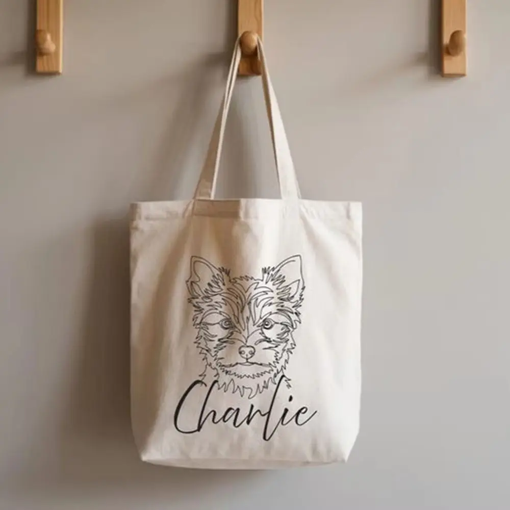 

Canvas Tote Bag Handmade Pet Portrait Print Line Art Handbag Durable Large Capacity Casual Bag For Dog And Cat Lovers