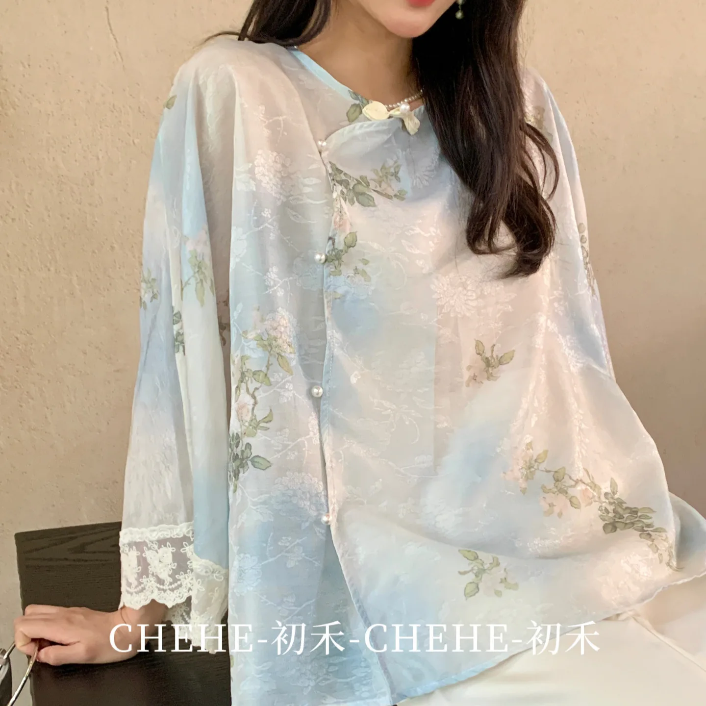 UMI MAO [Spring Around The Branches] Lazy Temperament Round Breasted New Chinese Style Long Sleeve Shirt Blended Top Femme