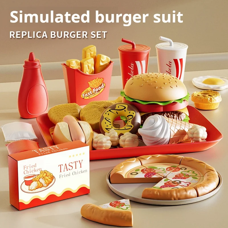 Kids Pretend Play Kitchen Realistic Burger Fries Family Bucket Meal Set Educational Model Toys for Boys Girls
