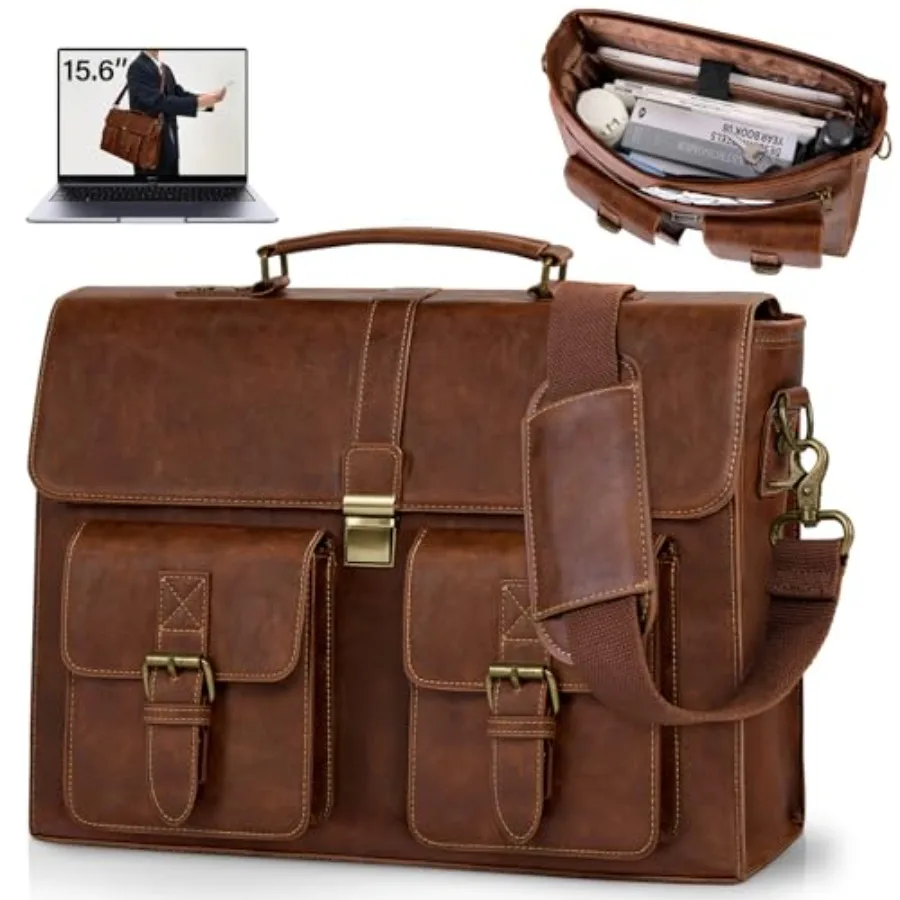 

Mens Messenger Bag Leather Vintage Laptop Briefcase Waterproof Computer Laptop Bag Leather Satchel Bag Shoulder Bag for Office