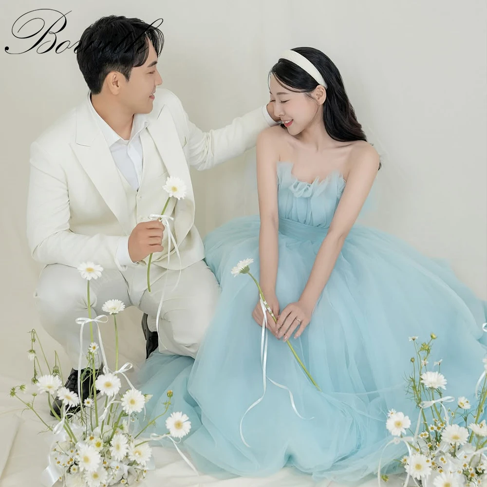 

Bowith Korean Prom Dress Baby Blue Soft Tulle Strapless Evening Party Dresses パーティードレス Customized Korean Wedding Dresses