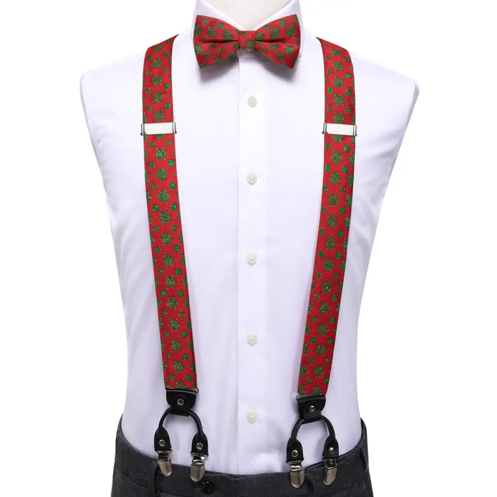 Hi-Tie-corbata de seda roja y verde para hombre, suspensorio de Navidad, gemelos de pañuelo, Clip ajustable, Brace de Navidad para boda masculina, venta al por mayor