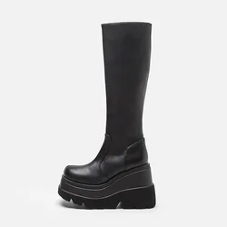 Women's thick-soled long boots motorcycle bota knee-high Rain boots Platform Woman shoes botas mujer botas femininas salto baixo