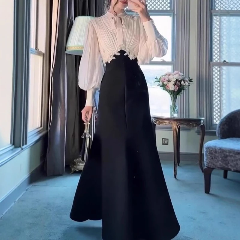 Frühlings-Partykleid für Damen im französischen Stil, elegantes, farblich abgesetztes Plissee-Abendkleid, temperamentvolles Kleid mit hoher Taille und langen Laternenärmeln