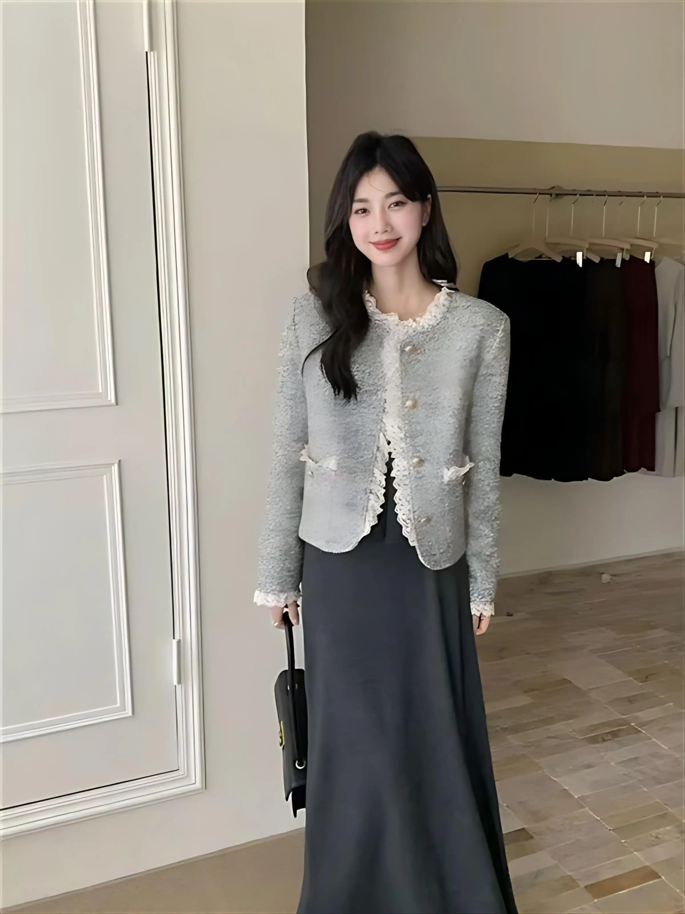 트위드 재킷 청소년용 여성용 가을 방수 경량 지퍼 캠퍼스 레귤러 아웃도어 스포츠웨어 포켓 멀티컬러